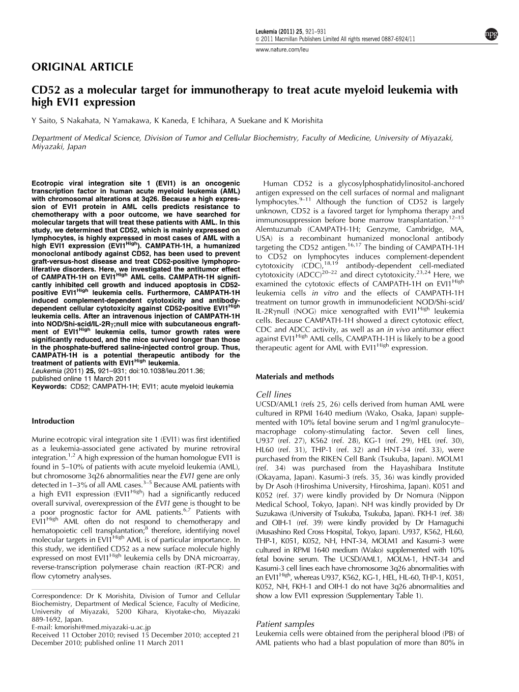 CD52 As a Molecular Target for Immunotherapy to Treat Acute Myeloid Leukemia with High EVI1 Expression