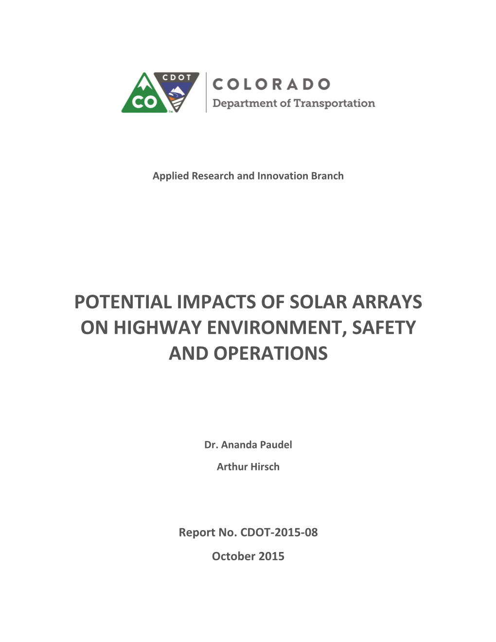 Potential Impacts of Solar Arrays on Highway Environment, Safety and Operations