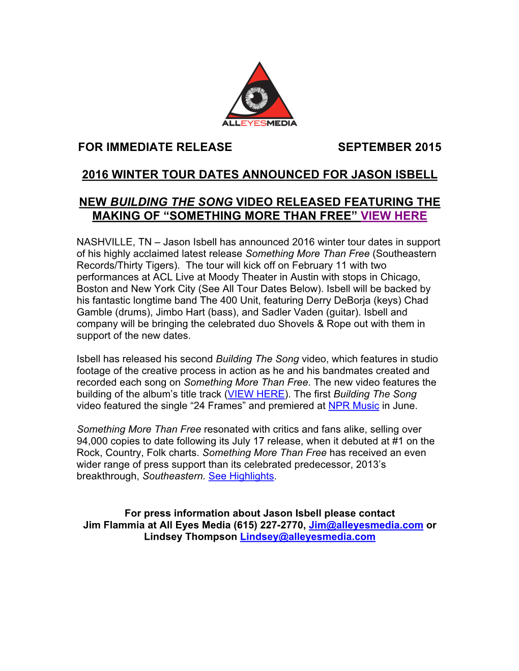 For Immediate Release September 2015 2016 Winter