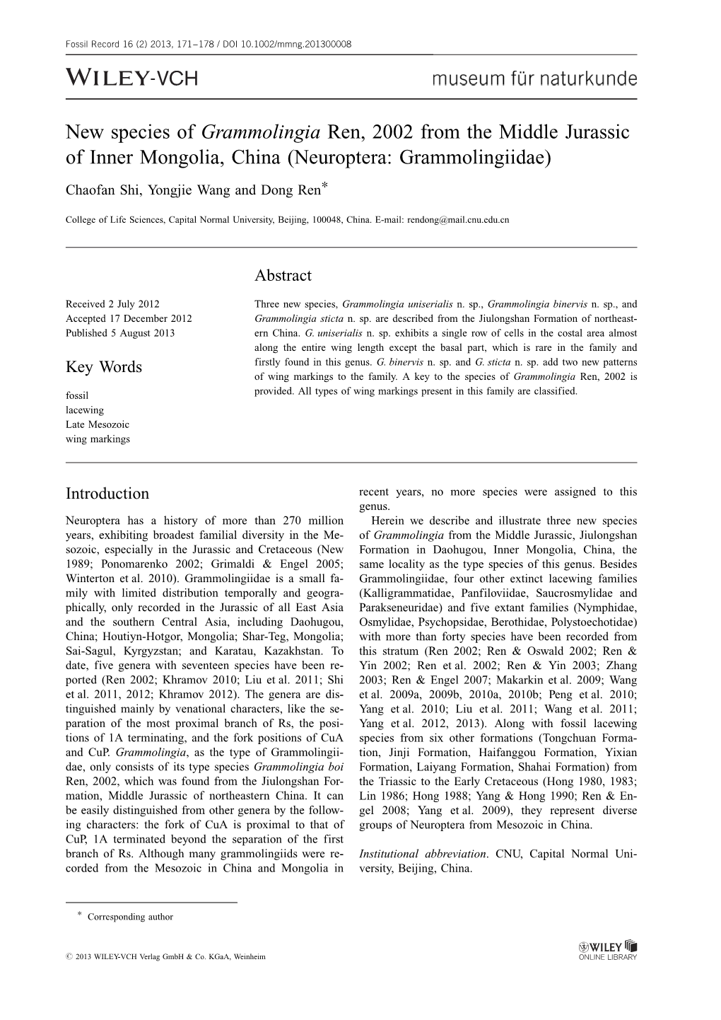 New Species of Grammolingia Ren, 2002 from the Middle Jurassic of Inner Mongolia, China (Neuroptera: Grammolingiidae)