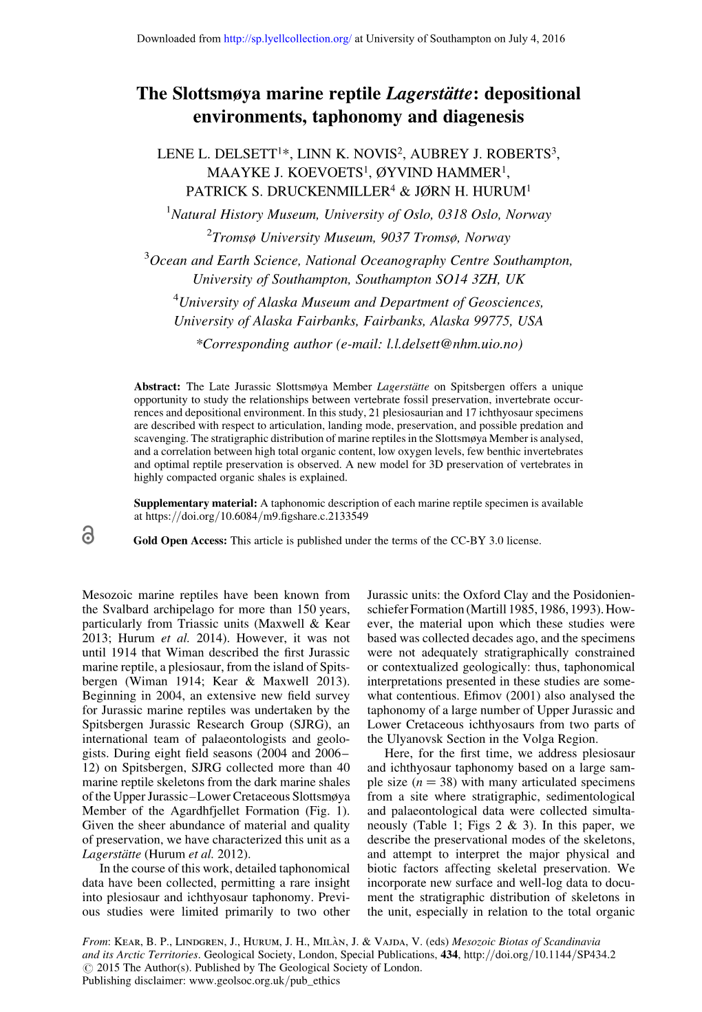 The Slottsmøya Marine Reptile Lagerstätte: Depositional Environments, Taphonomy and Diagenesis