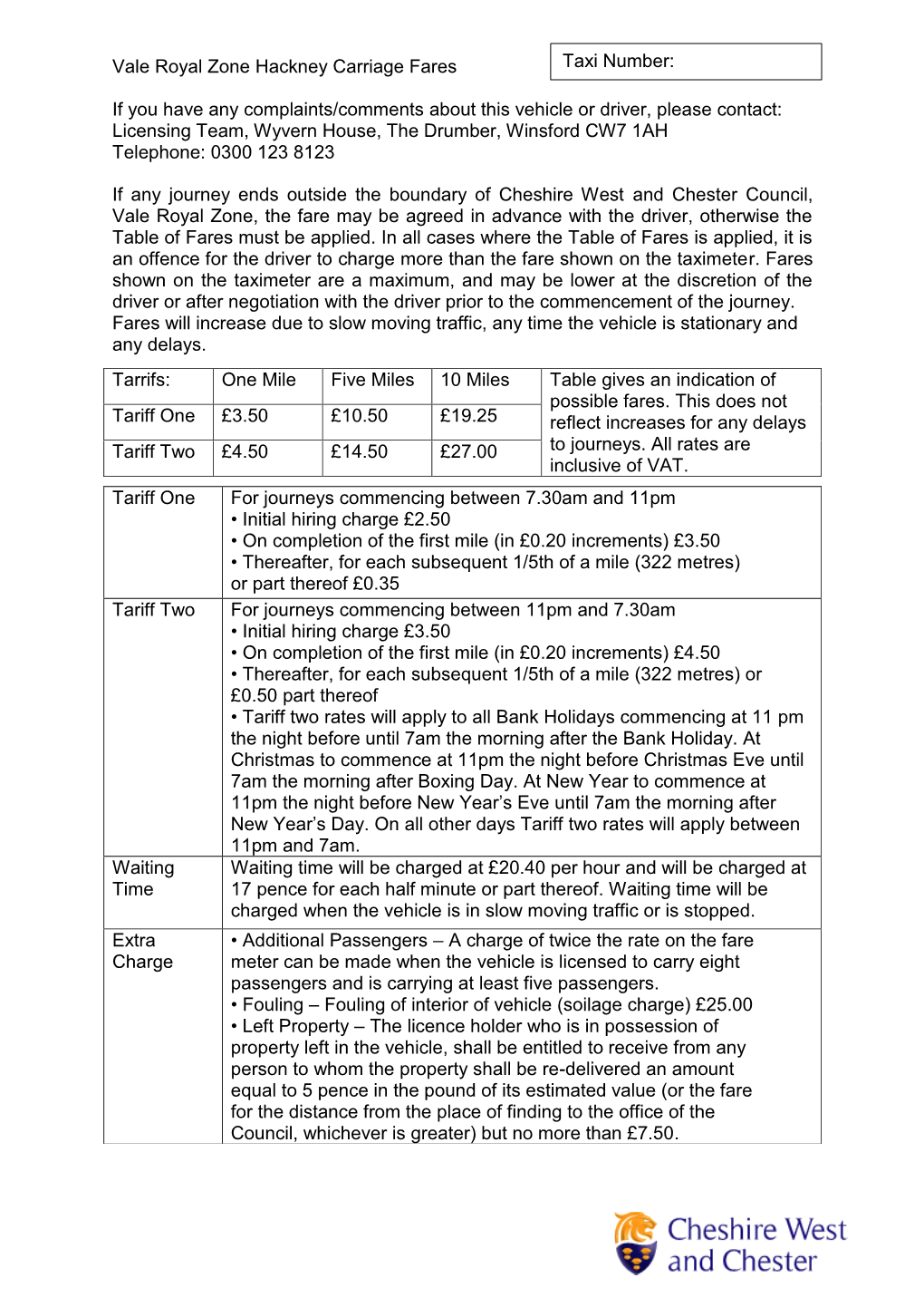 Vale Royal Fare Chart