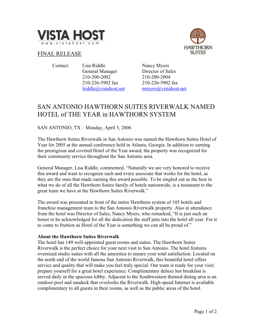 SAN ANTONIO HAWTHORN SUITES RIVERWALK NAMED HOTEL of the YEAR in HAWTHORN SYSTEM