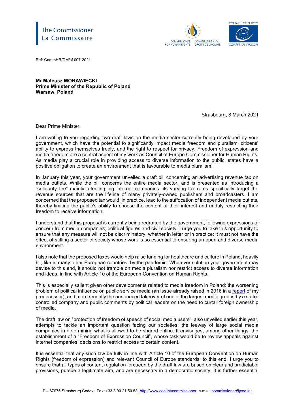 Letter to the Prime Minister of Poland