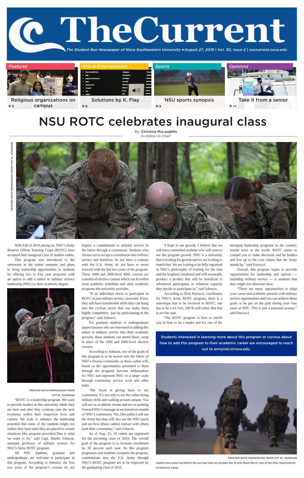 NSU ROTC Celebrates Inaugural Class By: Christina Mclaughlin Co-Editor-In-Chief PRINTED with PERMISSION from CPT M