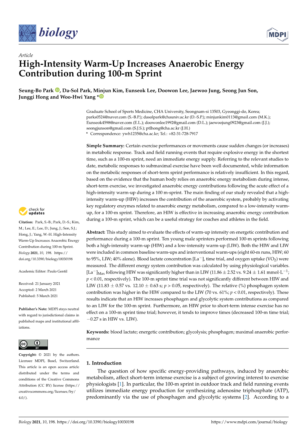 High-Intensity Warm-Up Increases Anaerobic Energy Contribution During 100-M Sprint