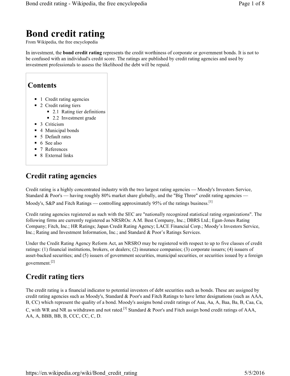 Bond Credit Rating - Wikipedia, the Free Encyclopedia Page 1 of 8