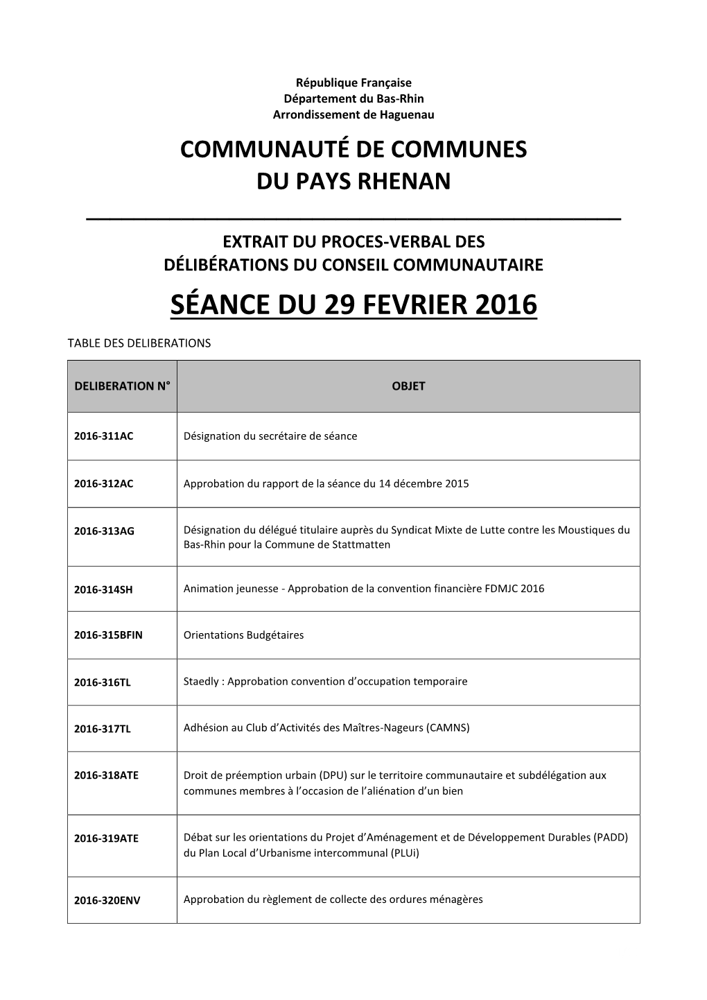 Séance Du 29 Fevrier 2016