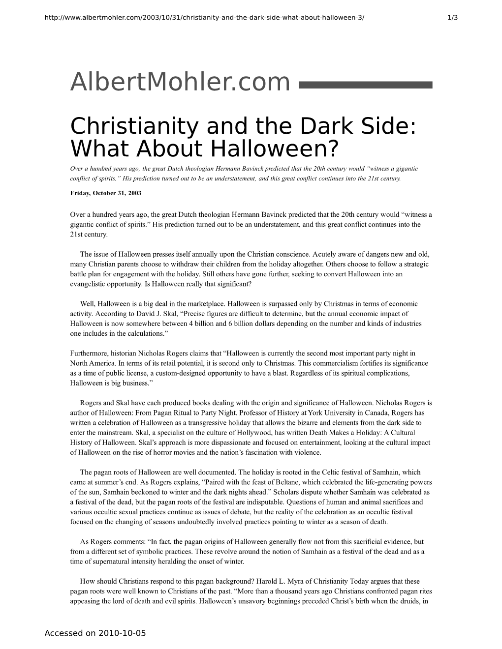 Albertmohler.Com – Christianity and the Dark Side: What About Halloween?