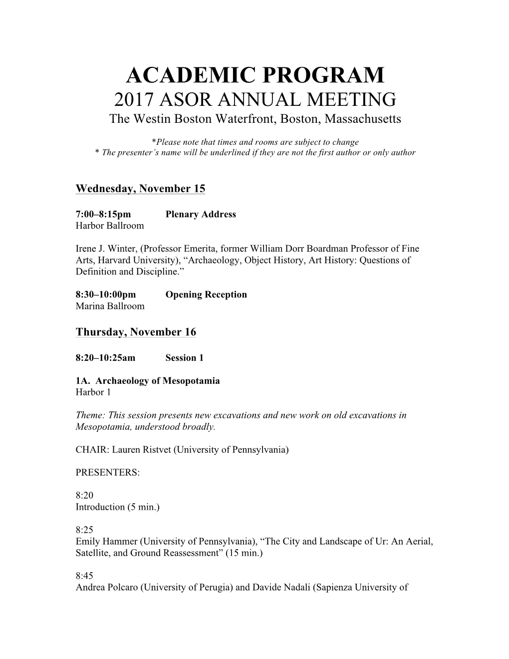 ACADEMIC PROGRAM 2017 ASOR ANNUAL MEETING the Westin Boston Waterfront, Boston, Massachusetts