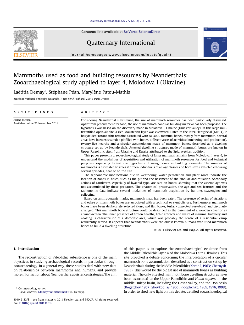 Mammoths Used As Food and Building Resources by Neanderthals: Zooarchaeological Study Applied to Layer 4, Molodova I (Ukraine)