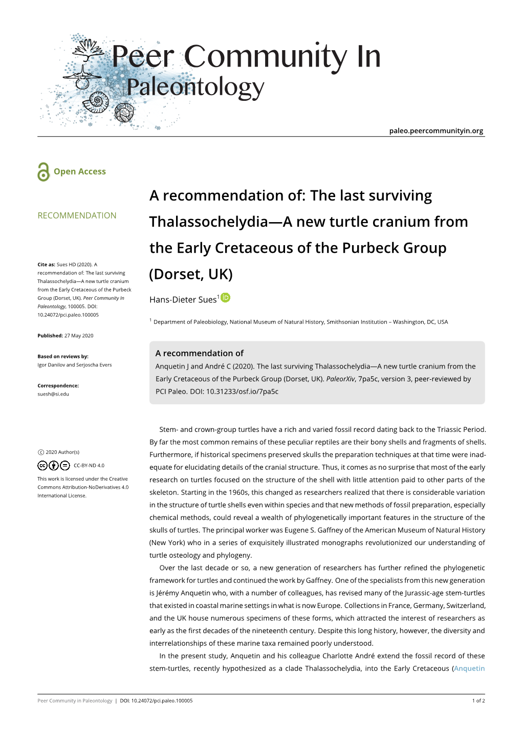 A Recommendation Of: the Last Surviving RECOMMENDATION Thalassochelydia—A New Turtle Cranium from the Early Cretaceous of the Purbeck Group