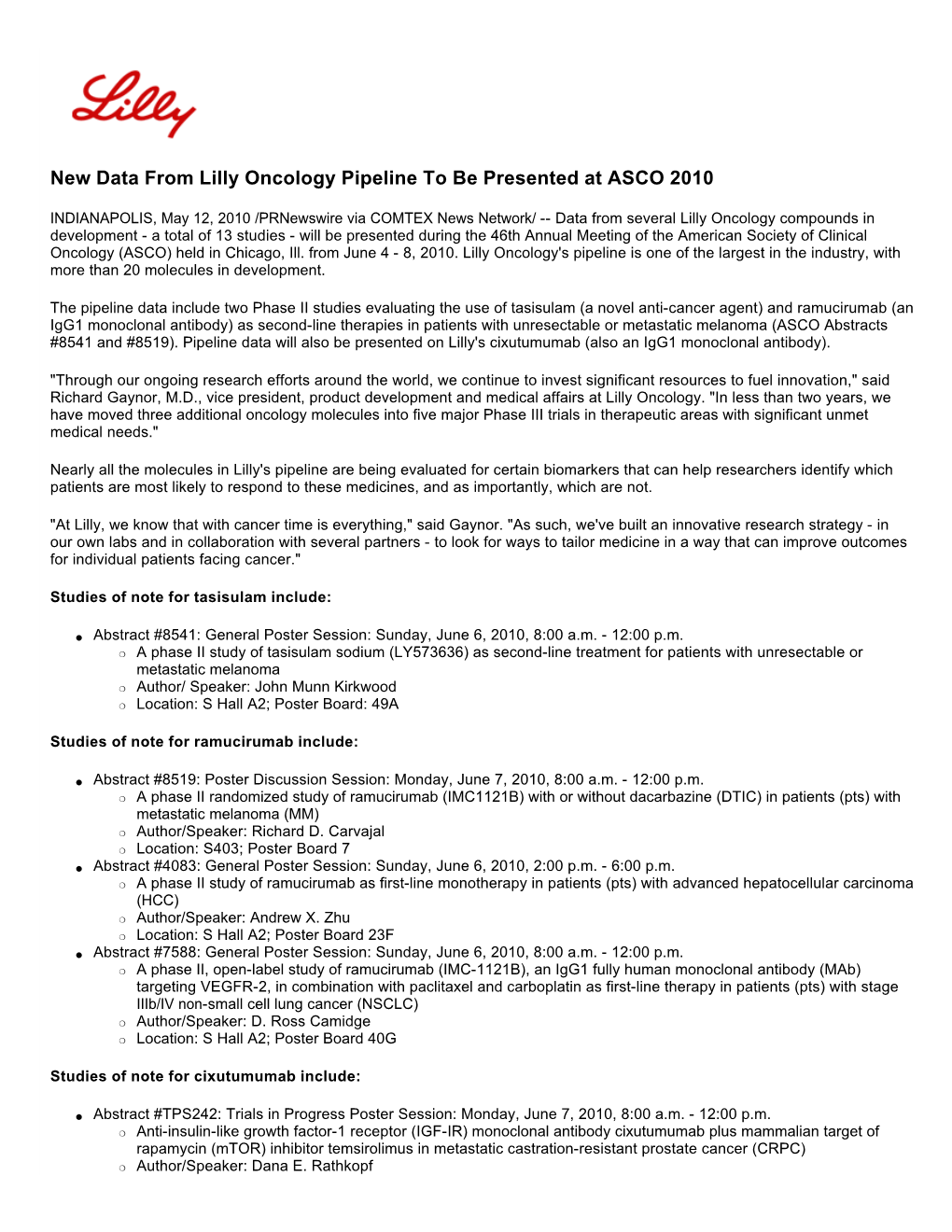 New Data from Lilly Oncology Pipeline to Be Presented at ASCO 2010