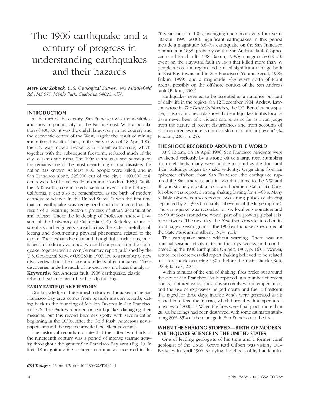 The 1906 Earthquake and a Century of Progress in Understanding