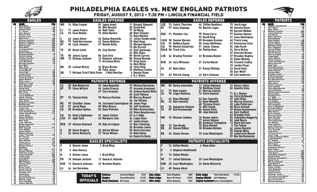 PHILADELPHIA EAGLES Vs. NEW ENGLAND PATRIOTS