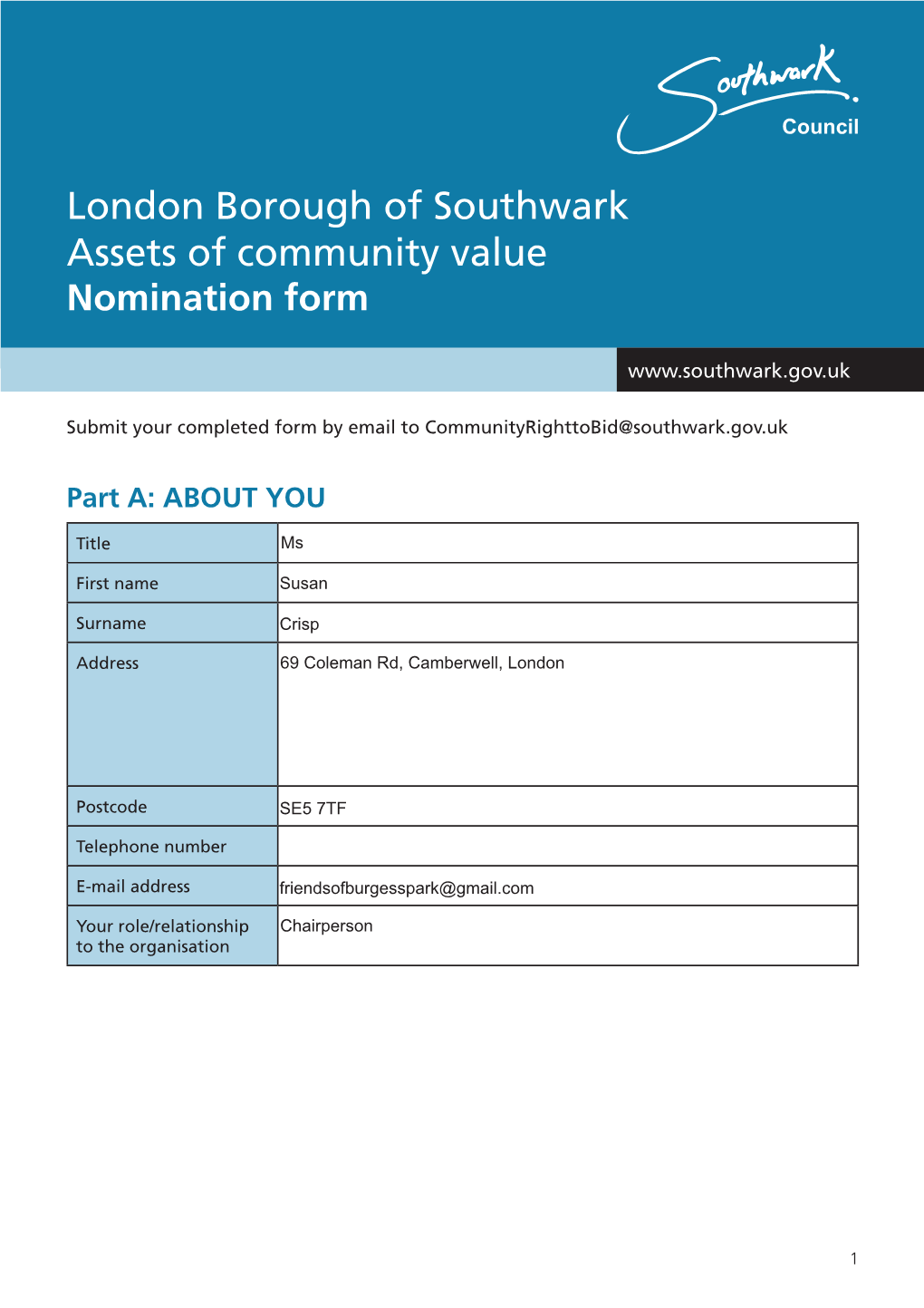 London Borough of Southwark Assets of Community Value Nomination Form