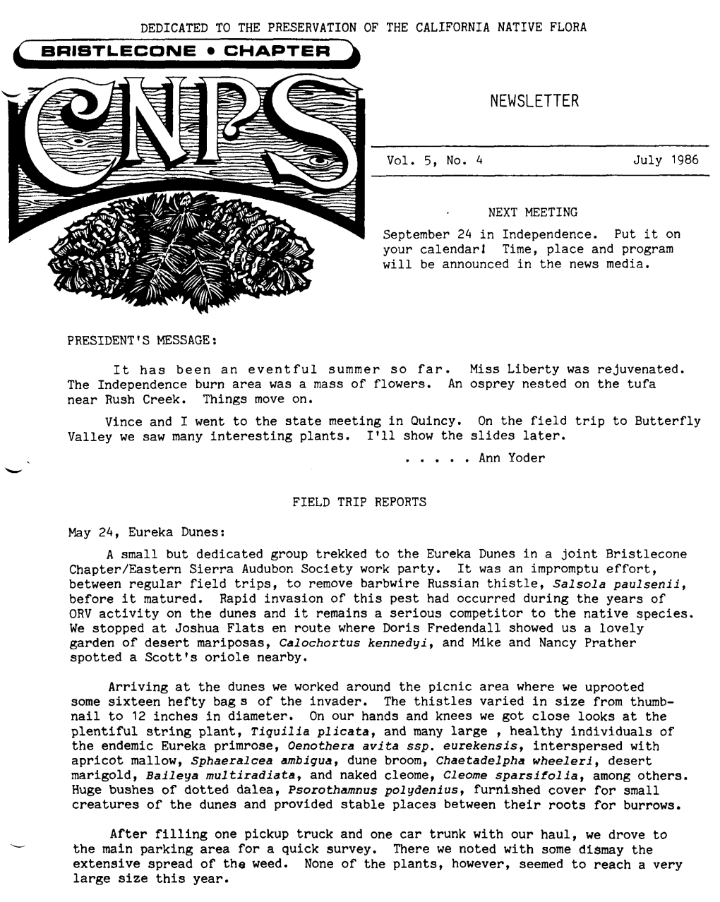 Bristlecone CNPS Newsletter, Volume 5, Number 4, July 1986