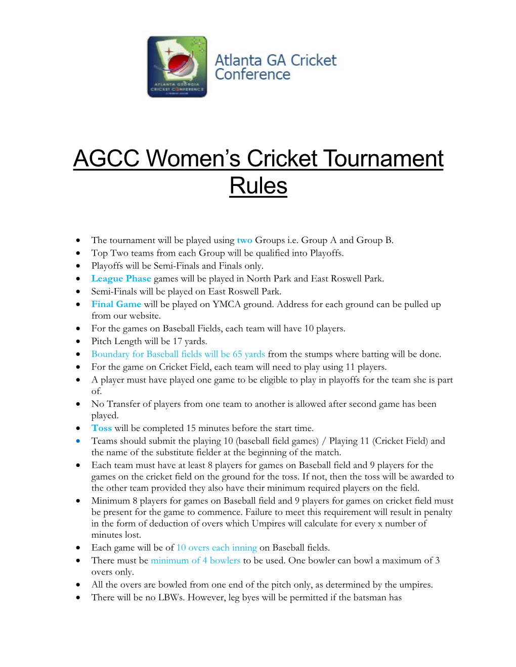 AGCC Women's Cricket Tournament Rules