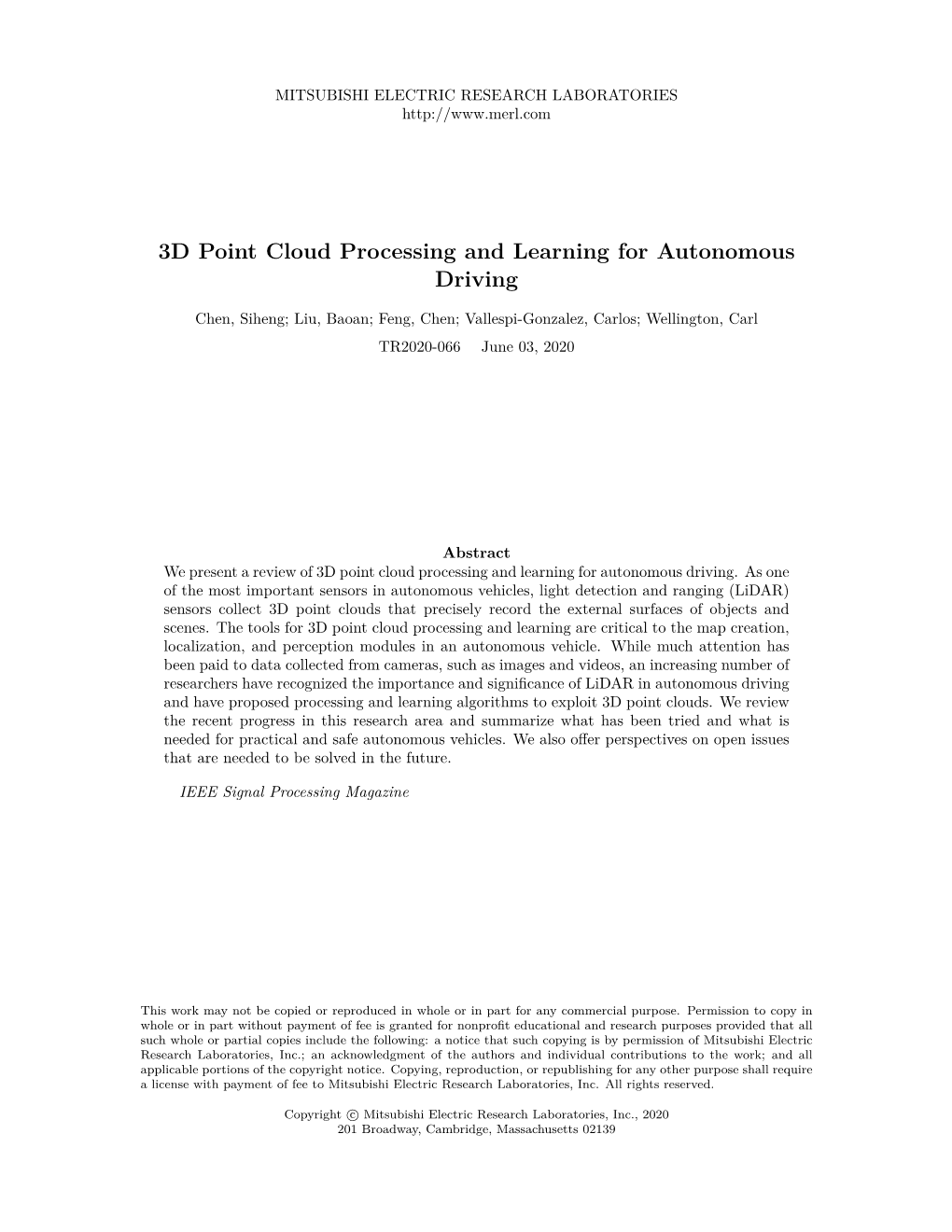 3D Point Cloud Processing and Learning for Autonomous Driving