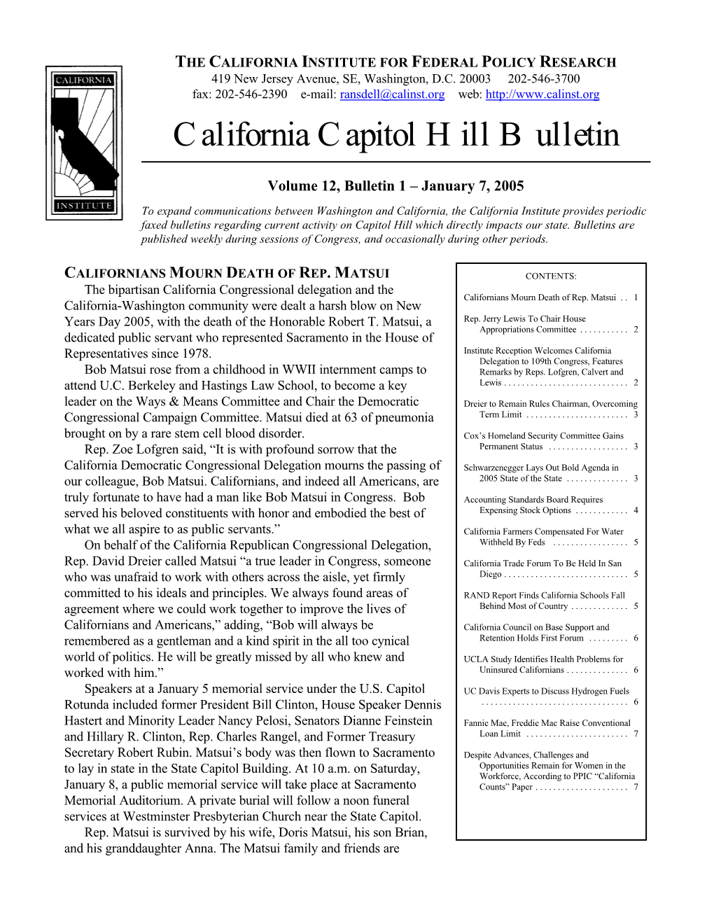 California Capitol Hill Bulletin 1/6/2005