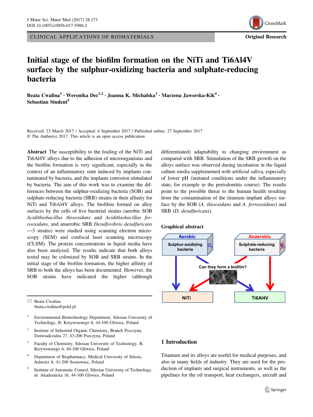 Initial Stage of the Biofilm Formation on the Niti and Ti6al4v Surface by The