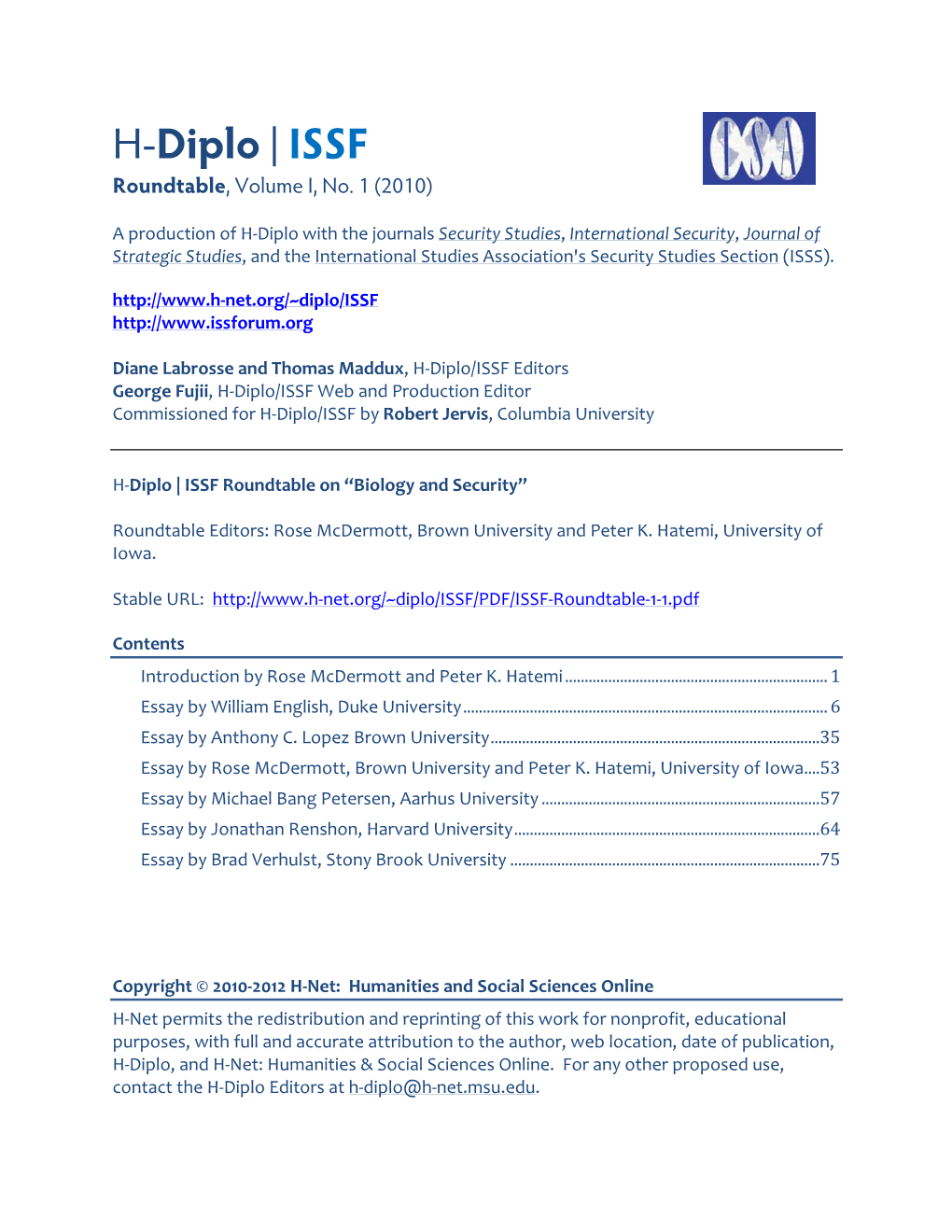 H-Diplo/ISSF Roundtable, Vol. 1, No. 1 (2010)
