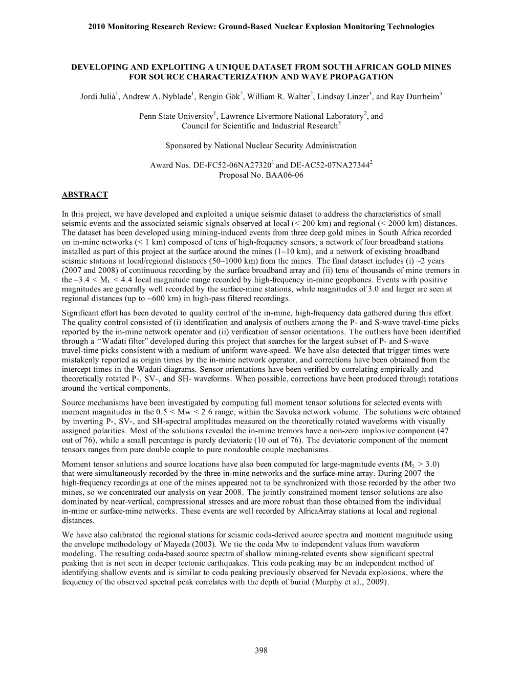 Developing and Exploiting a Unique Dataset from South African Gold Mines for Source Characterization and Wave Propagation