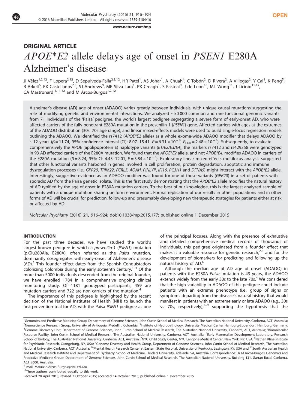 E2 Allele Delays Age of Onset in PSEN1 E280A Alzheimer&Rsquo