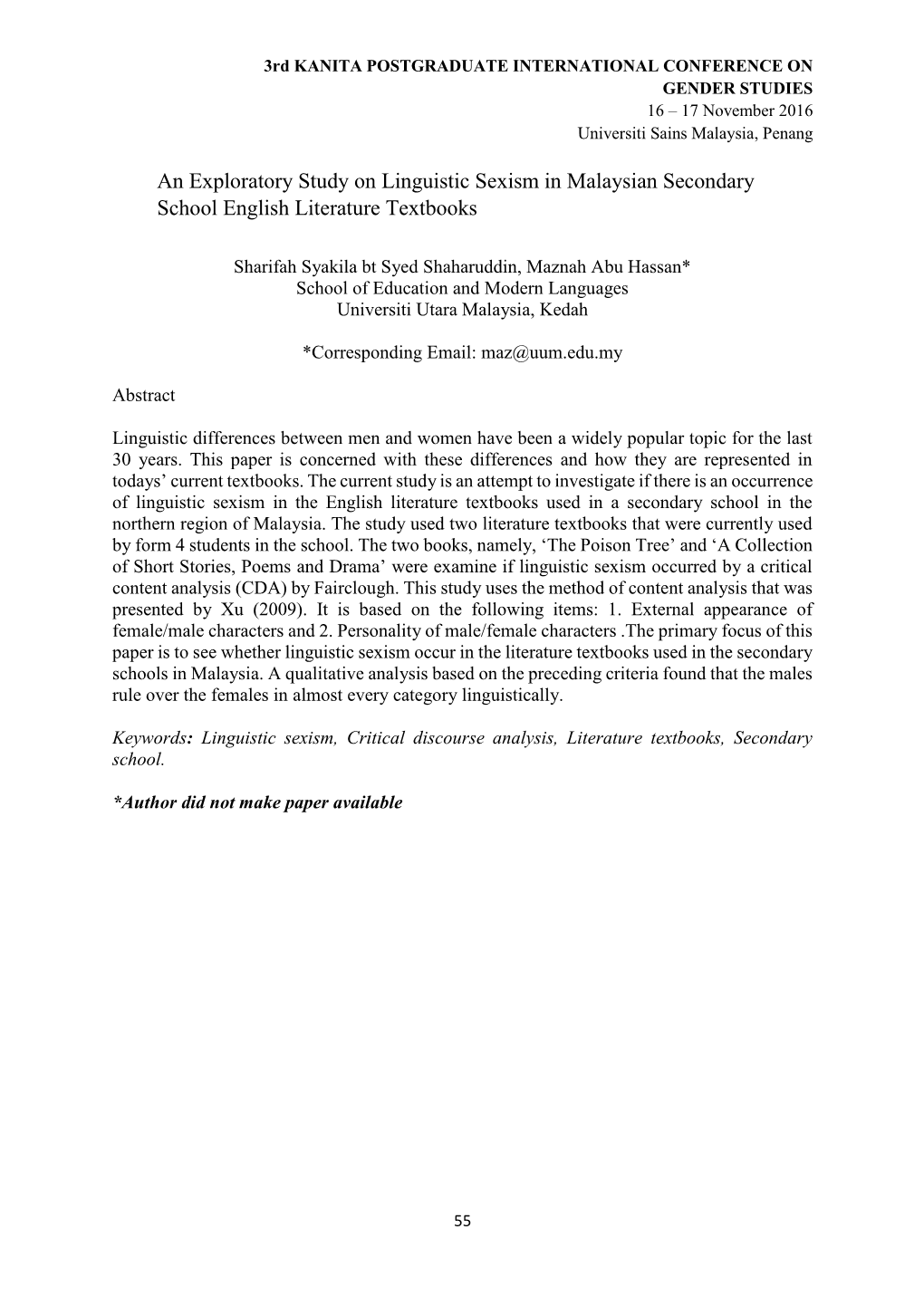 An Exploratory Study on Linguistic Sexism in Malaysian Secondary School English Literature Textbooks