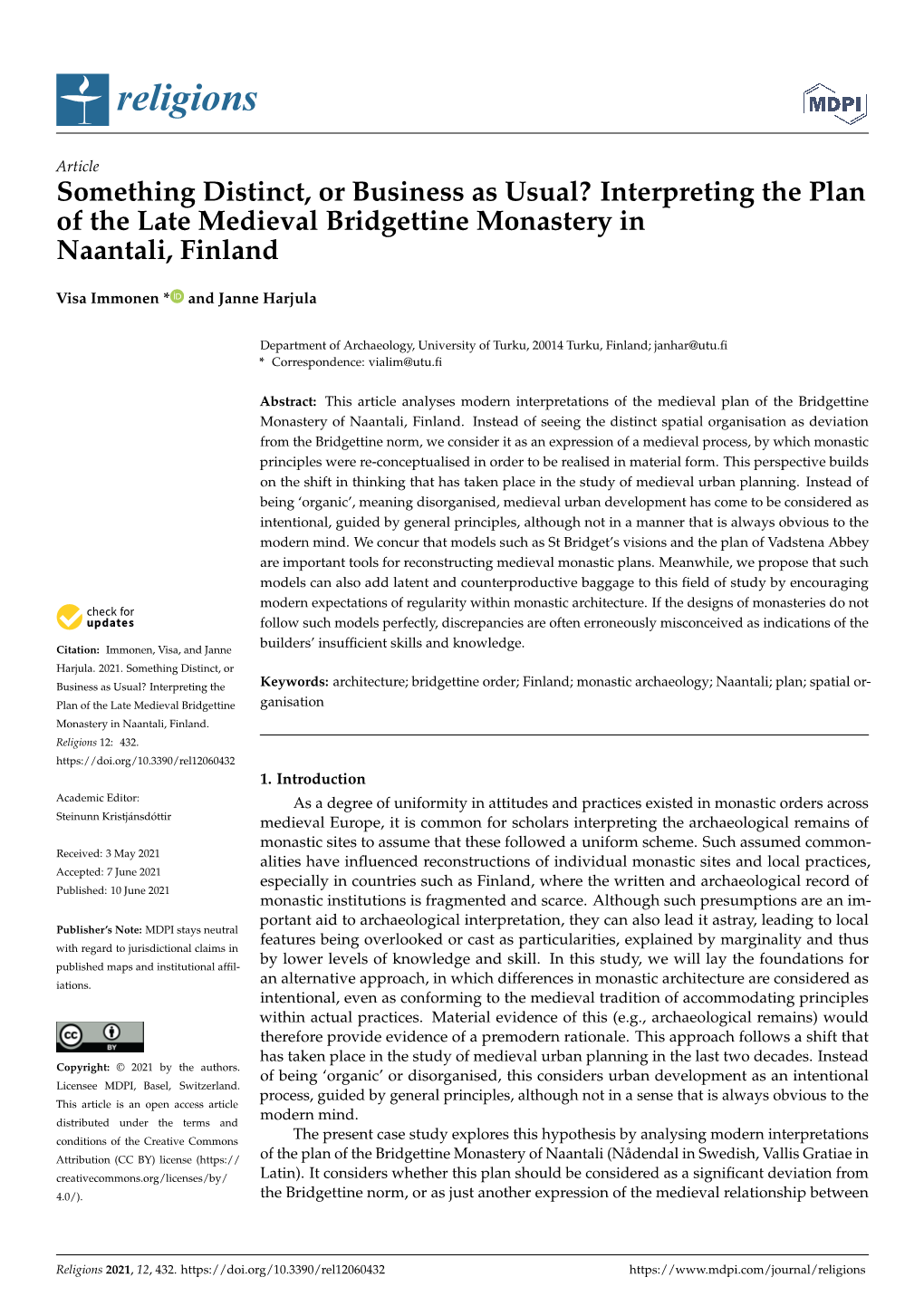 Something Distinct, Or Business As Usual? Interpreting the Plan of the Late Medieval Bridgettine Monastery in Naantali, Finland