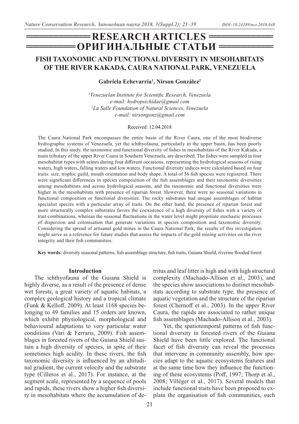 Fish Taxonomic and Functional Diversity in Mesohabitats of the River Kakada, Caura National Park, Venezuela