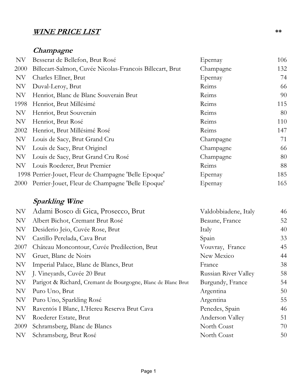 WINE PRICE LIST Champagne Sparkling Wine