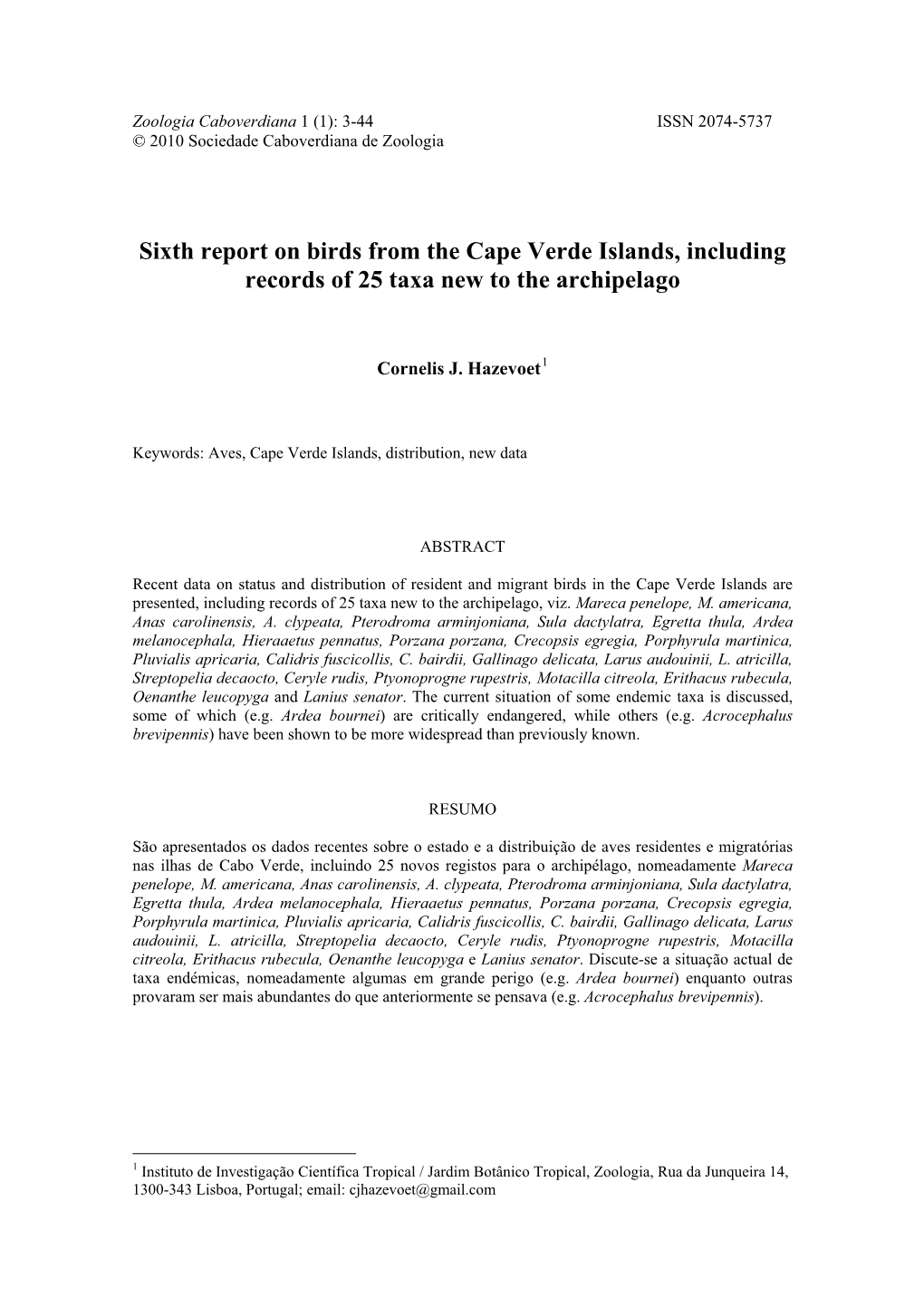 Sixth Report on Birds from the Cape Verde Islands, Including Records of 25 Taxa New to the Archipelago