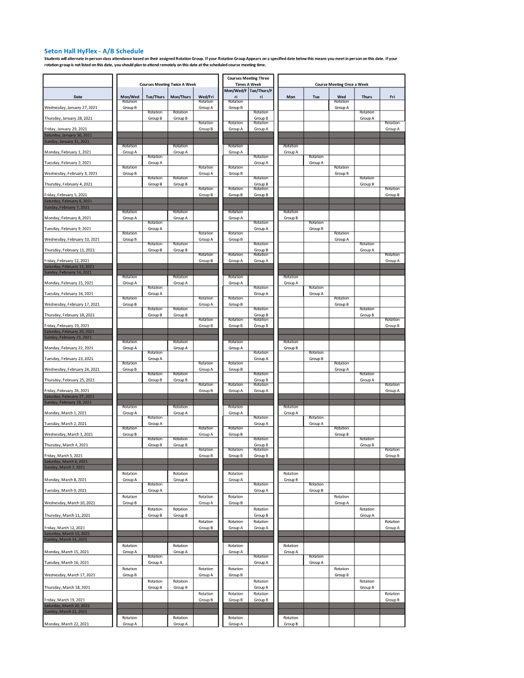 Seton Hall Hyflex - A/B Schedule Students Will Alternate In-Person Class Attendance Based on Their Assigned Rotation Group