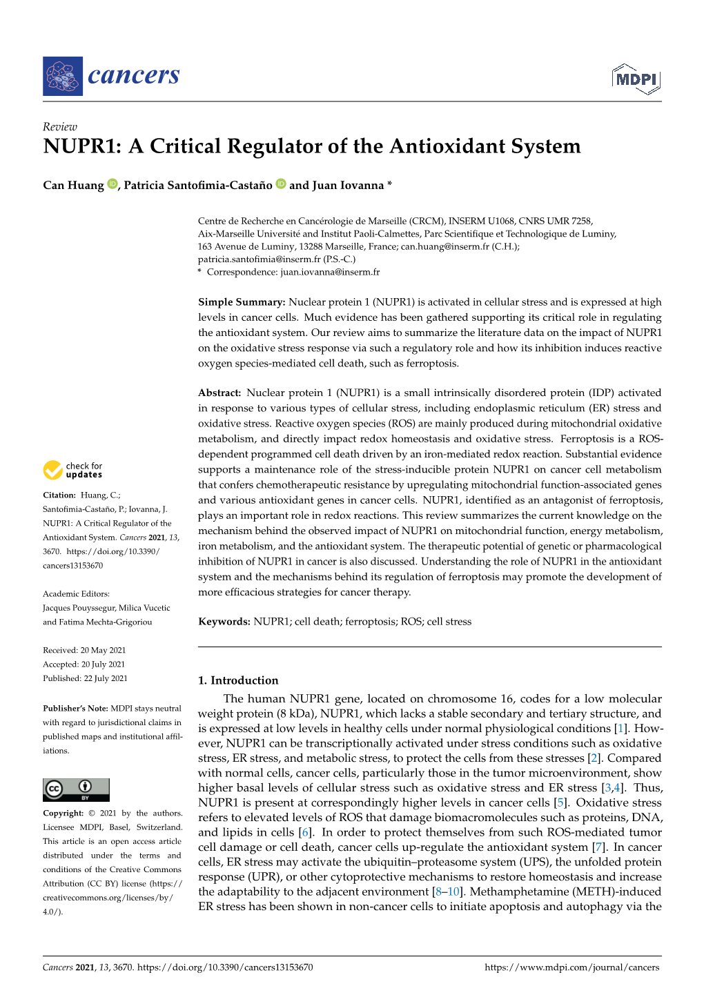 NUPR1: a Critical Regulator of the Antioxidant System