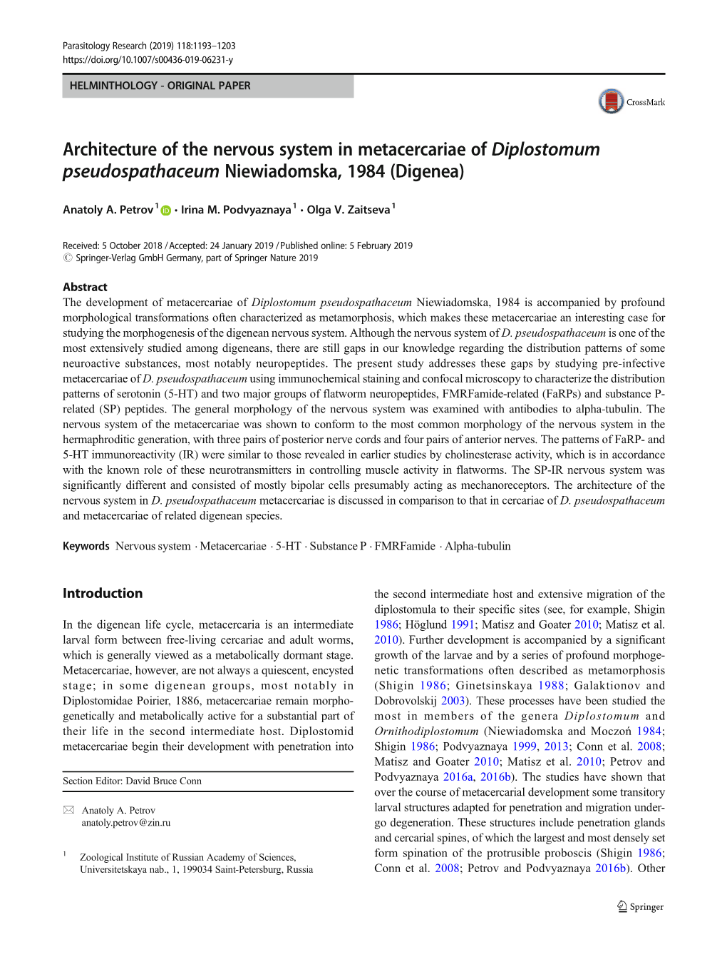 Architecture of the Nervous System in Metacercariae of Diplostomum Pseudospathaceum Niewiadomska, 1984 (Digenea)