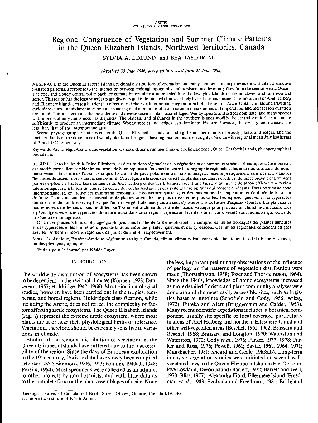 Regional Congruence of Vegetation and Summer Climate Patterns in the Queen Elizabeth Islands, Northwest Territories, Canada SYLVIA A