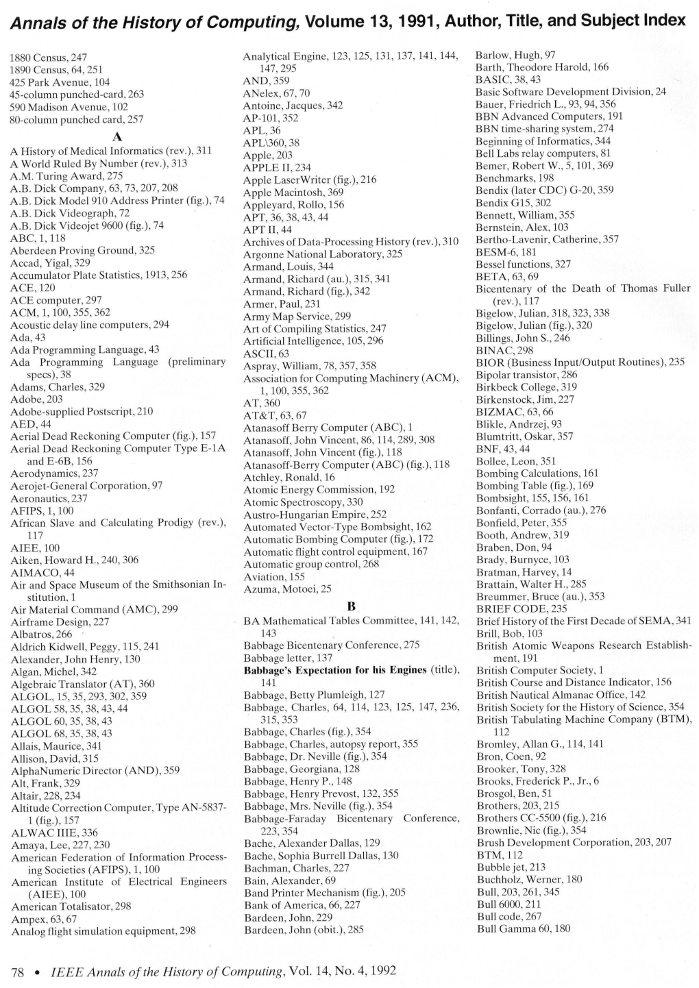 Anna/S of the History of Computing, Volume 13, 1991, Author, Title, and Subject Index