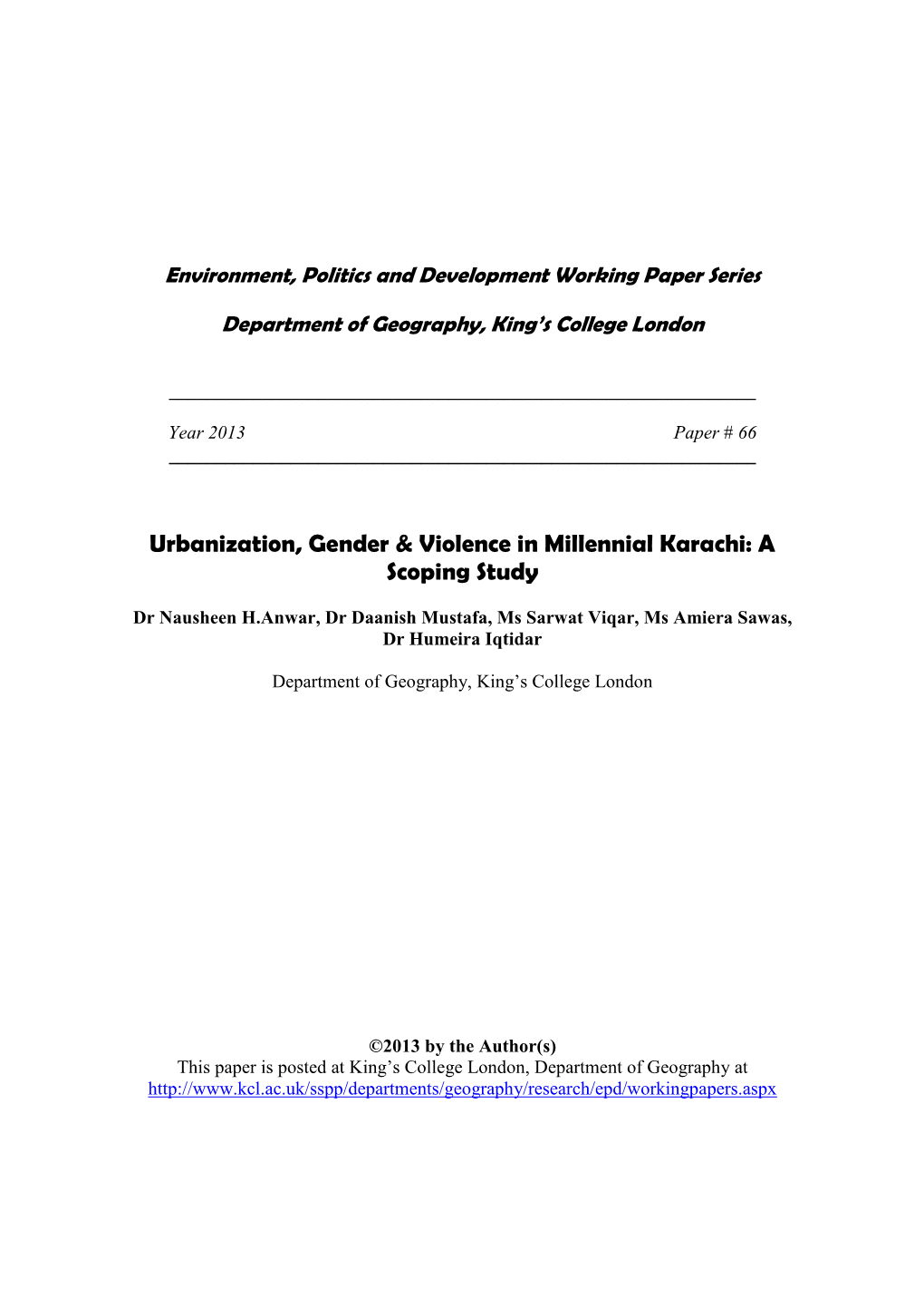 Urbanization, Gender & Violence in Millennial Karachi: a Scoping Study