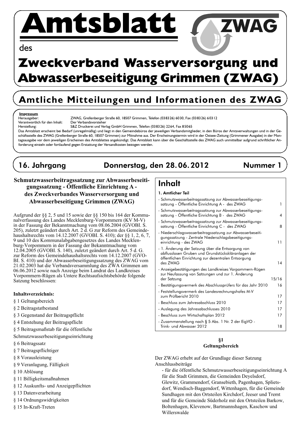 Amtsblatt Des Zweckverband Wasserversorgung Und Abwasserbeseitigung Grimmen (ZWAG)