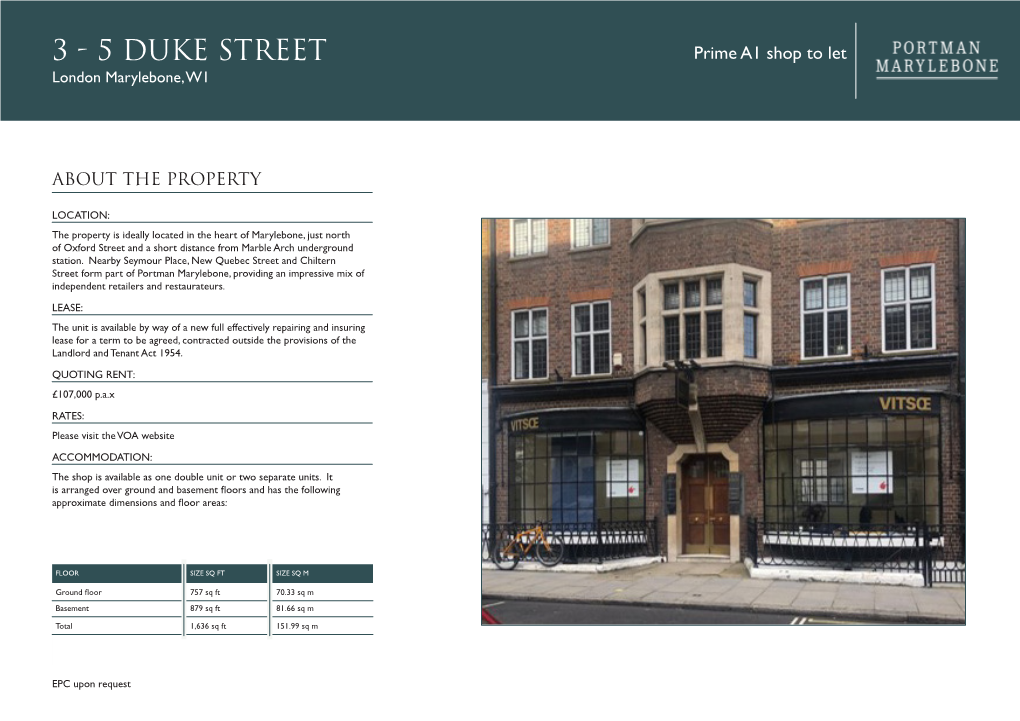 5 DUKE STREET Prime A1 Shop to Let London Marylebone, W1