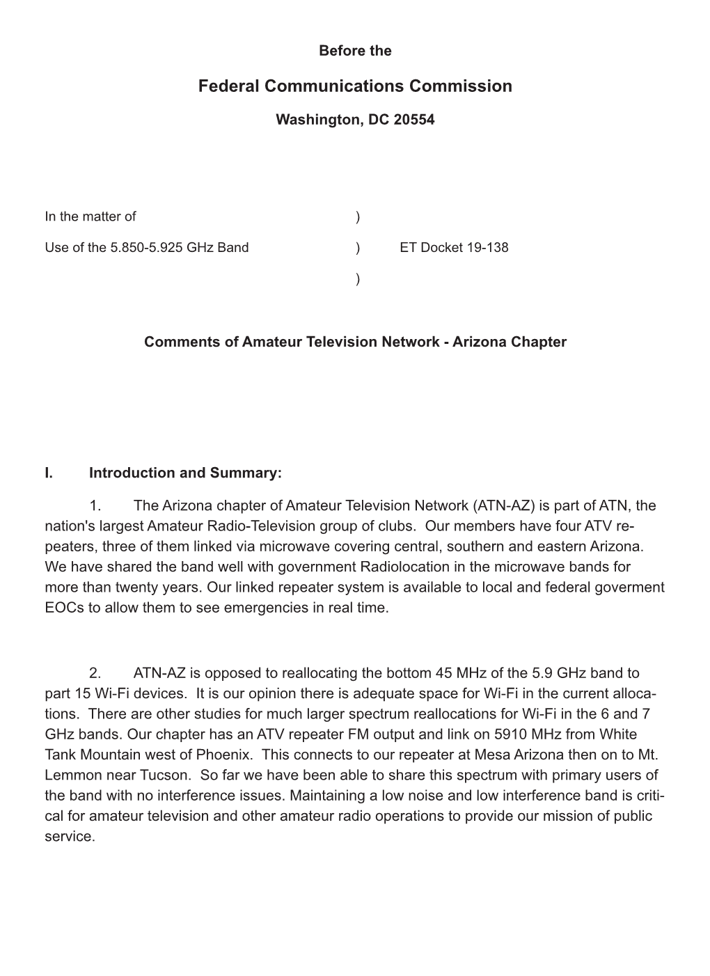 ATN Comments to the FCC ET Docket 19-138