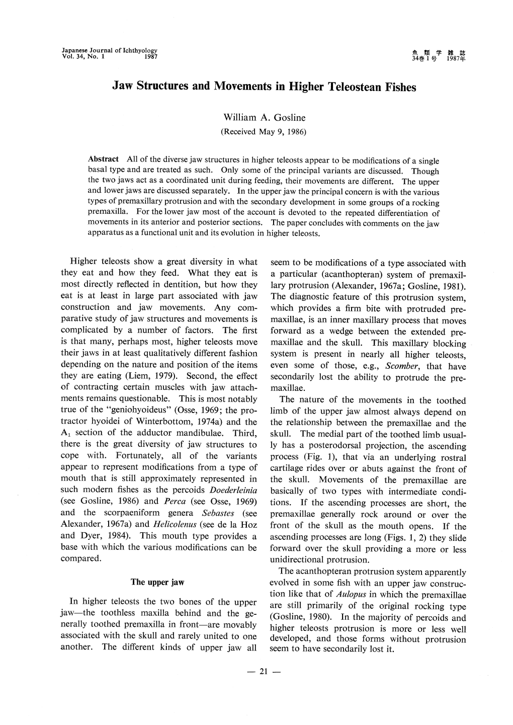 Jaw Structures and Movements in Higher Teleostean Fishes