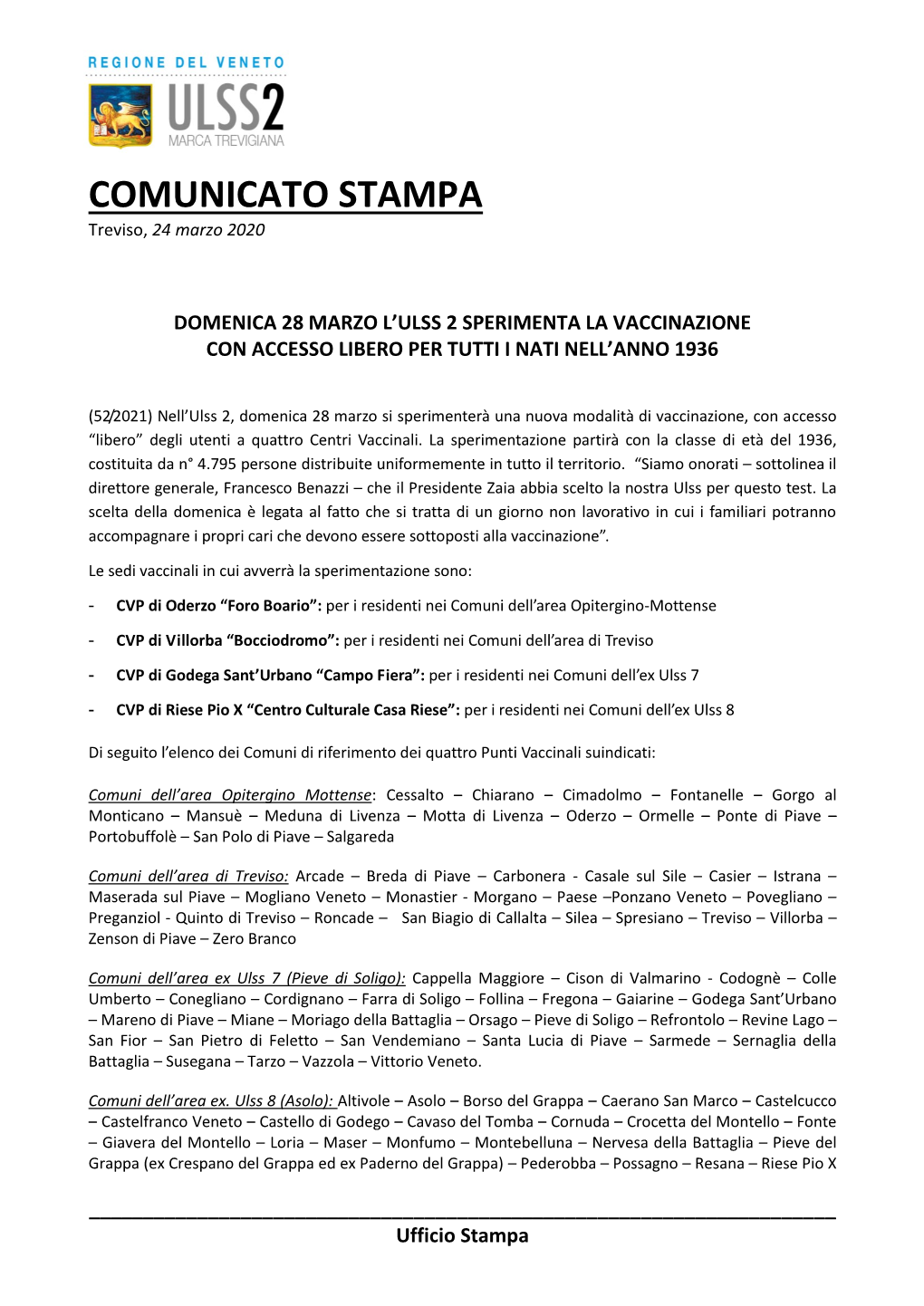 COMUNICATO STAMPA Treviso, 24 Marzo 2020