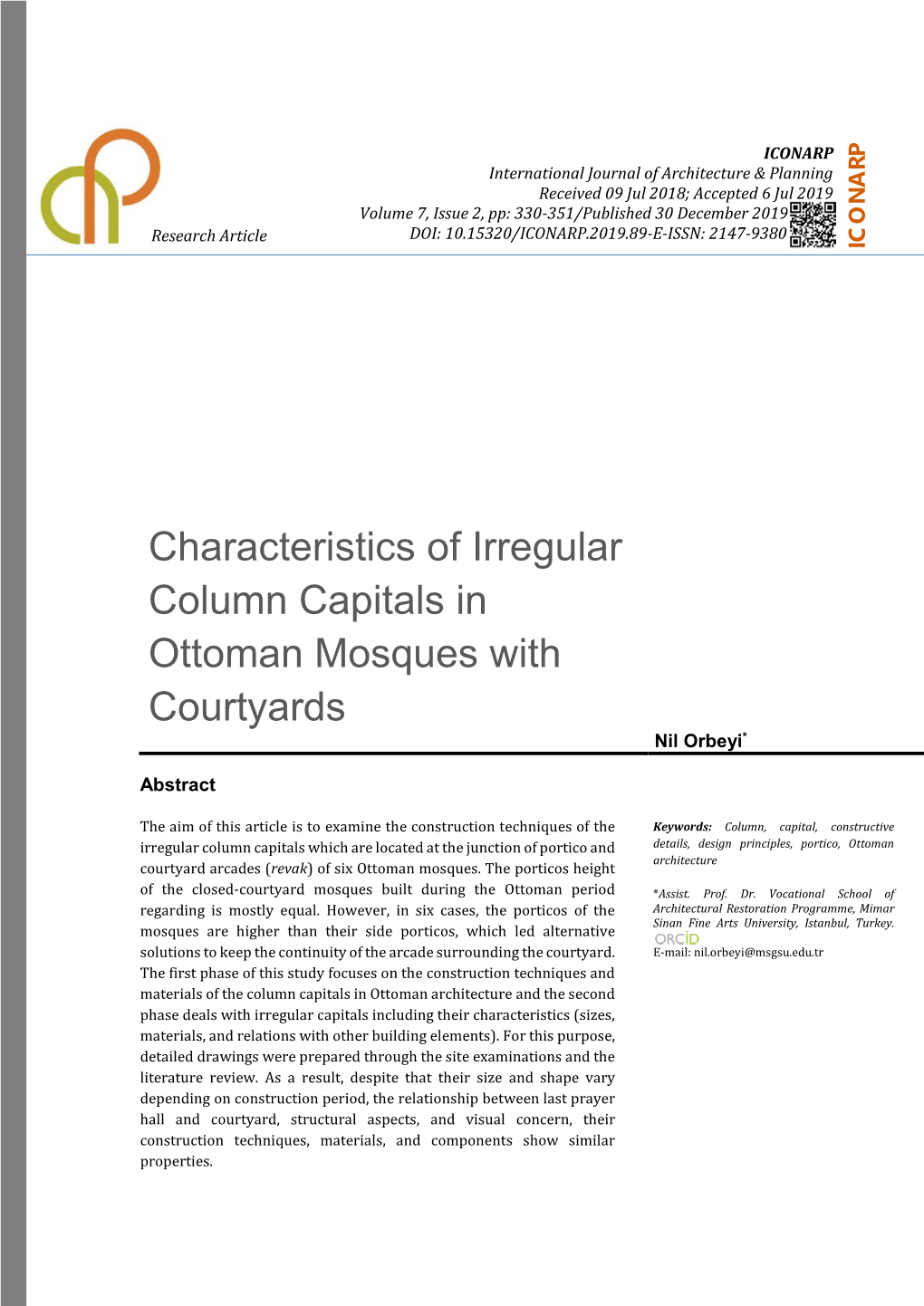 Characteristics of Irregular Column Capitals in Ottoman Mosques with Courtyards Nil Orbeyi*