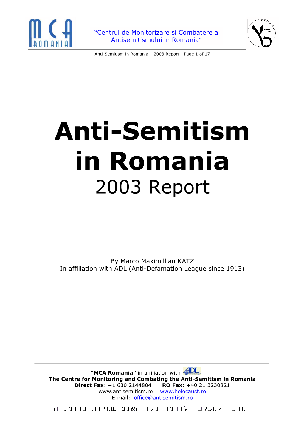 Anti-Semitism in Romania – 2003 Report - Page 1 of 17