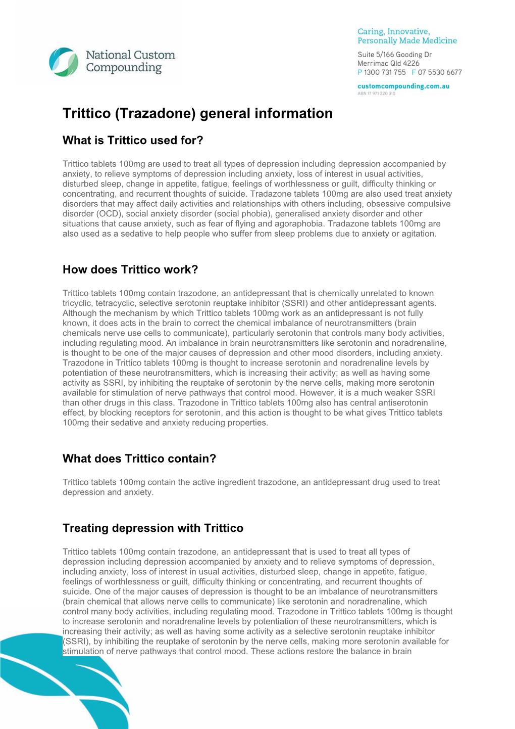 Trittico (Trazadone) General Information