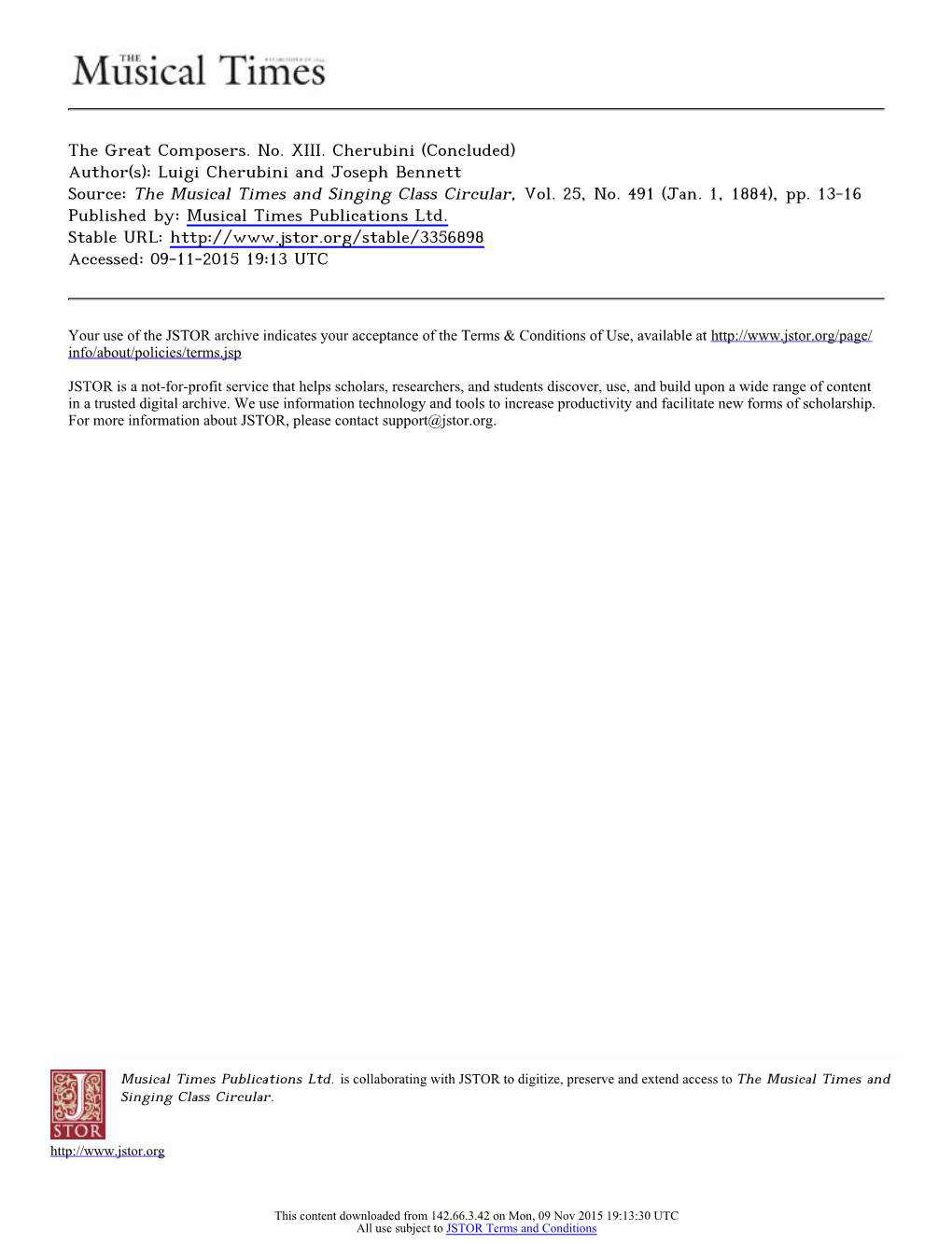 The Great Composers. No. XIII. Cherubini (Concluded) Author(S): Luigi Cherubini and Joseph Bennett Source: the Musical Times and Singing Class Circular, Vol