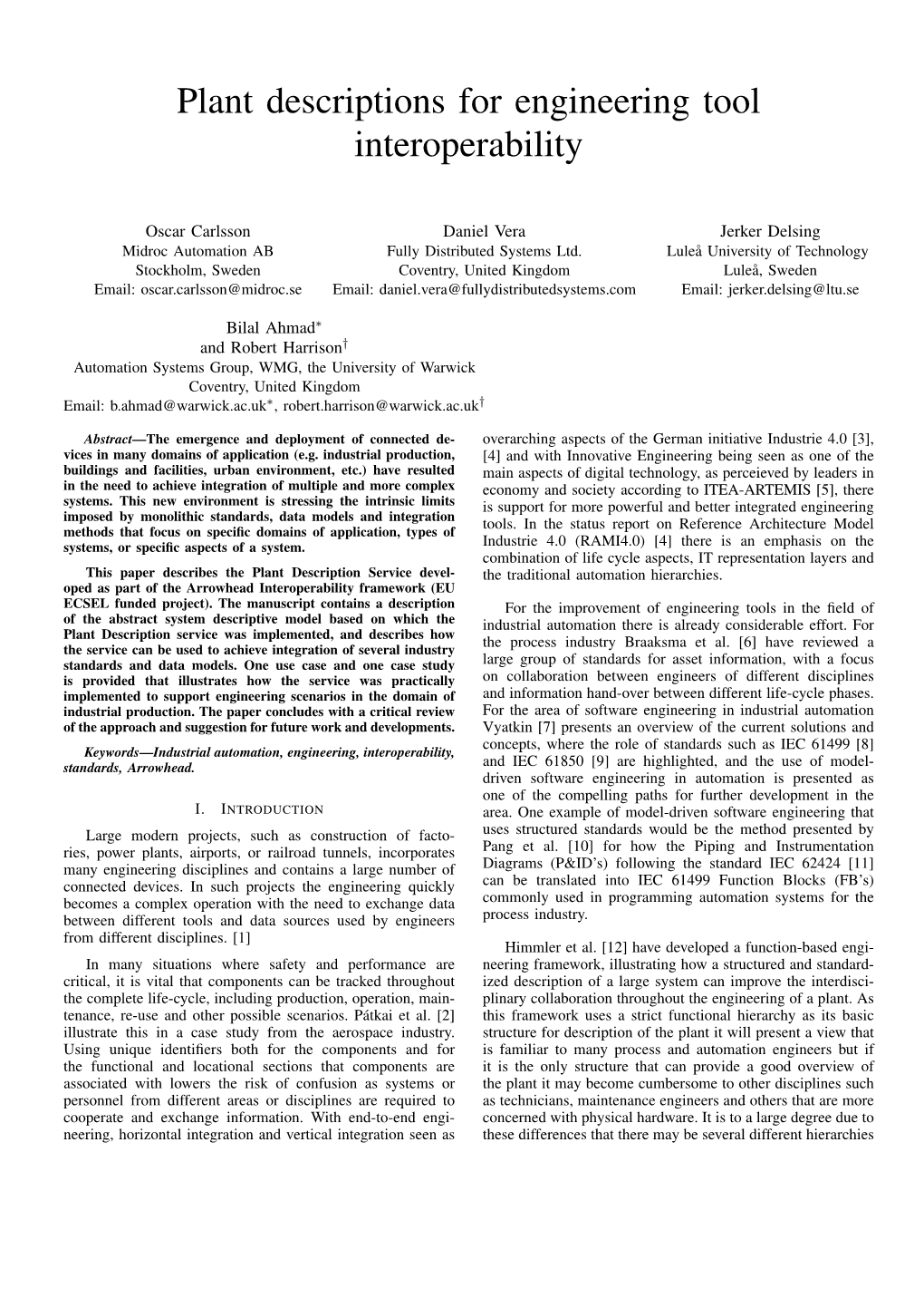 Plant Descriptions for Engineering Tool Interoperability