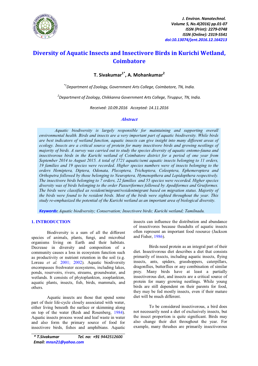 Diversity of Aquatic Insects and Insectivore Birds in Kurichi Wetland, Coimbatore